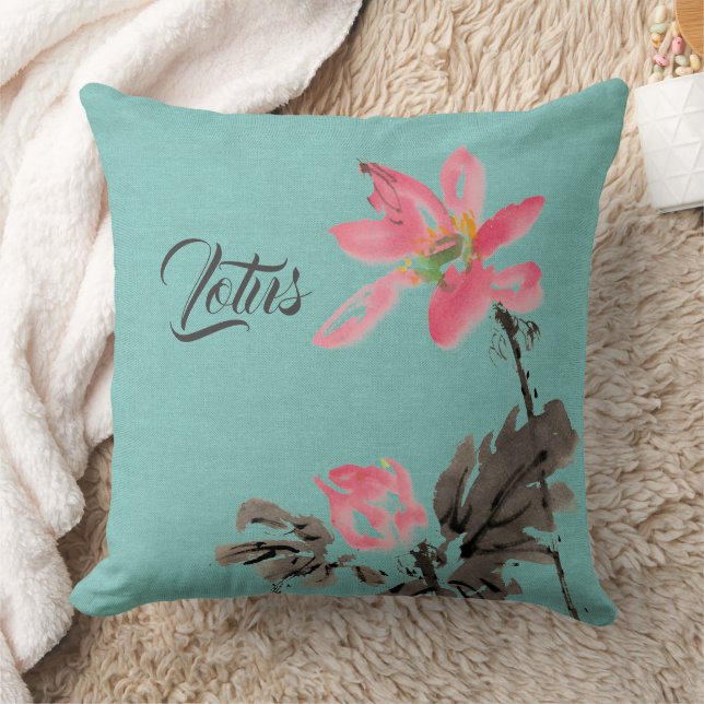 Chinoiserie Watercolor painting Floral Lotus Green Throw Pillow (Blanket)