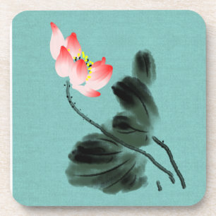 Chinoiserie Watercolor Painting Lotus Floral Beverage Coaster