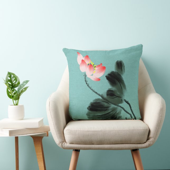 Chinoiserie Watercolor Painting Lotus Floral Throw Pillow (Chair)