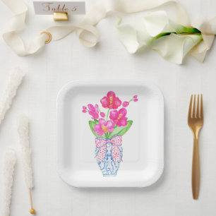 Chinoiserie Watercolor Pink Orchid Ginger Jar Vase Paper Plates