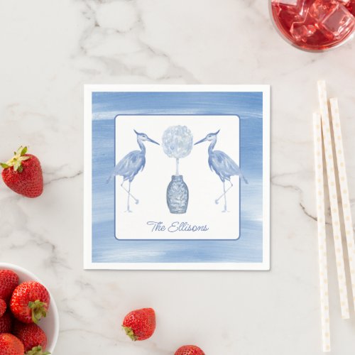 Chinoiserie Watercolor Topiary Blue Heron  Napkins