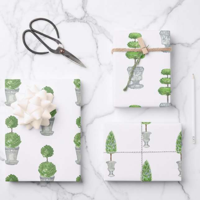 Chinoiserie Watercolor Topiary Wrapping Paper (Front)