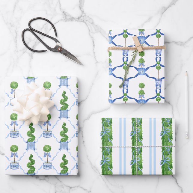 Chinoiserie Watercolor Topiary Wrapping Paper (Front)