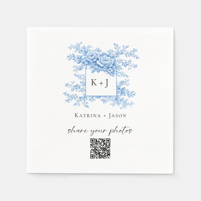 Chinoiserie Wedding Blue Floral QR Share Photos Napkins (Front)