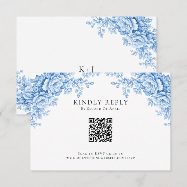 Chinoiserie Wedding Minimal Monogram RSVP QR Code (Front/Back)