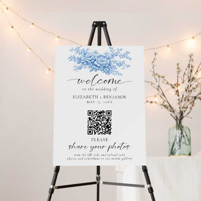 Chinoiserie Wedding Welcome Sign Blue Floral QR Co (In Situ (Stand))