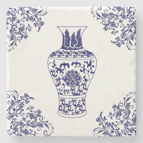 Chinoiserie White and Blue Ginger Jar Stone Coaster