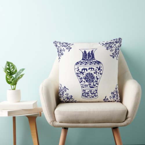 Chinoiserie White and Blue Ginger Jar Throw Pillow