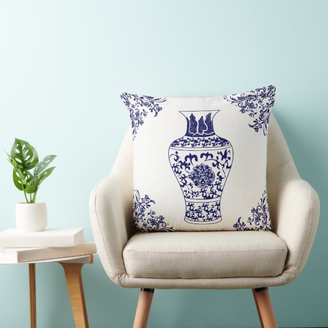 Chinoiserie White and Blue Ginger Jar Throw Pillow (Chair)
