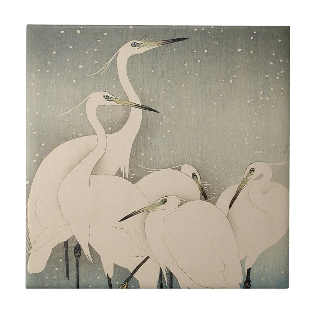 Chinoiserie White Egret Winter Snow Pattern Ceramic Tile (Front)