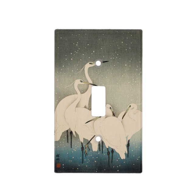 Chinoiserie White Egret Winter Snow Pattern Light Switch Cover (Front)