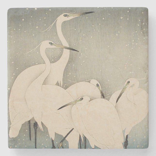 Chinoiserie White Egret Winter Snow Pattern Stone Coaster (Front)