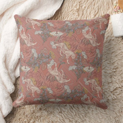 Chinoiserie White Tigers and Florals on Dusty Rose Throw Pillow