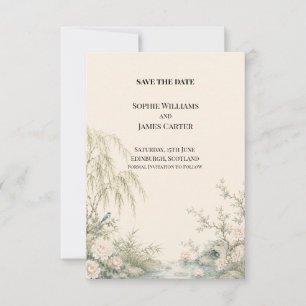 Chinoiserie Willow Lotus Bird Garden Save The Date