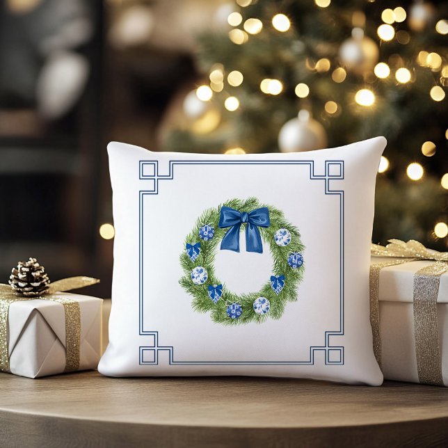 Chinoiserie Wreath Monogram Christmas Holiday Throw Pillow (Chinoiserie Christmas wreath monogrammed pillow)