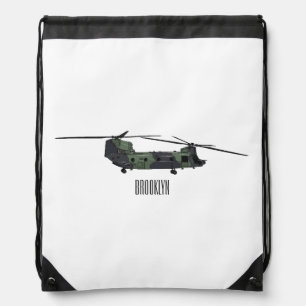 Chinook army helicopter cartoon illustration drawstring bag