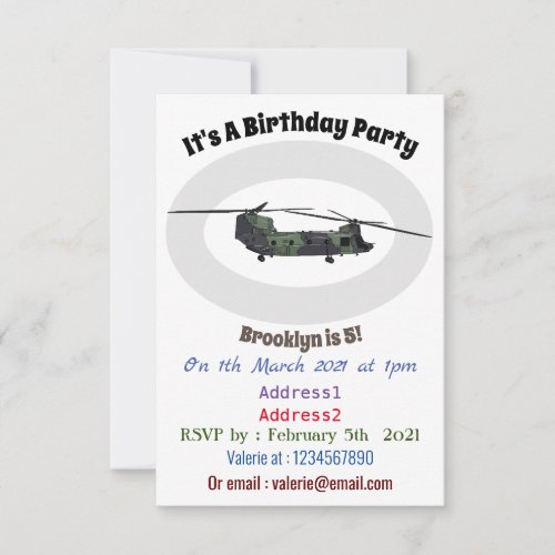 Chinook army helicopter cartoon illustration invitation