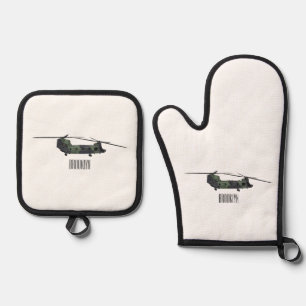 Chinook army helicopter cartoon illustration oven mitt & pot holder set
