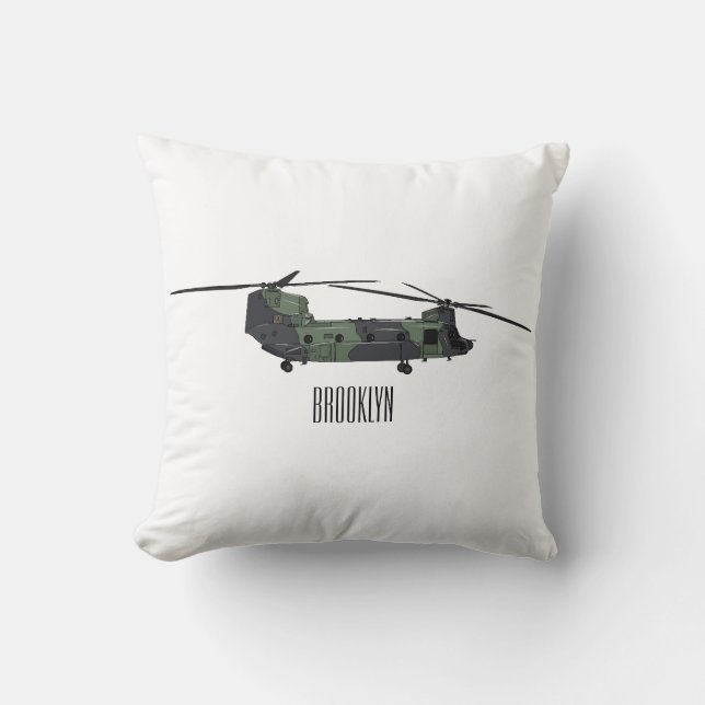 Chinook army helicopter cartoon illustration throw pillow (Front)