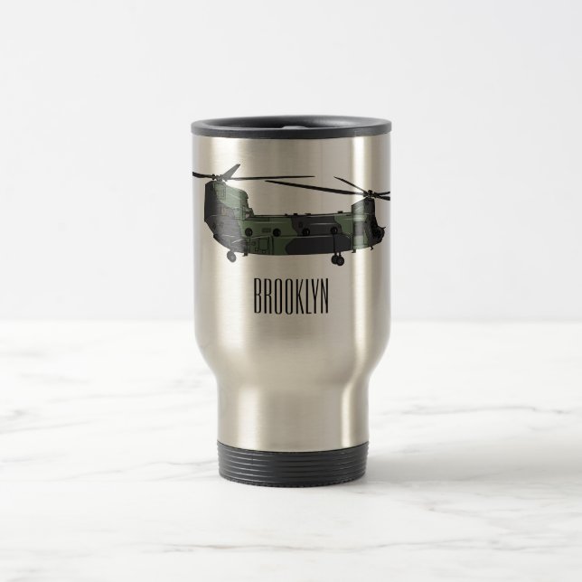 Chinook army helicopter cartoon illustration travel mug (Center)