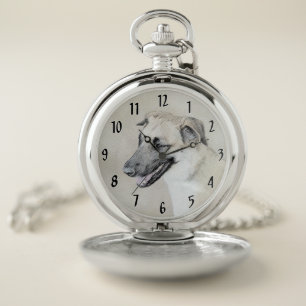 Chinook (Helicopter Ears) Painting - Dog Art Pocket Watch