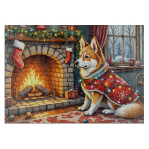 Chinook Sitting by Fireplace with Christmas Lights Cutting Board