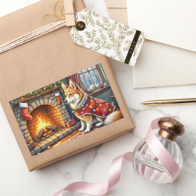 Chinook Sitting by Fireplace with Christmas Lights Rectangular Sticker (Gifting)