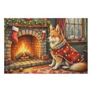 Chinook Sitting by Fireplace with Christmas Lights Wood Wall Art