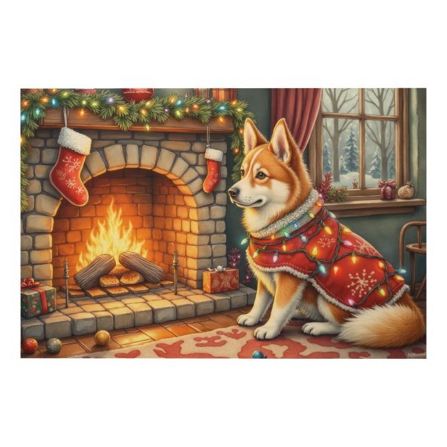 Chinook Sitting by Fireplace with Christmas Lights Wood Wall Art (Front)