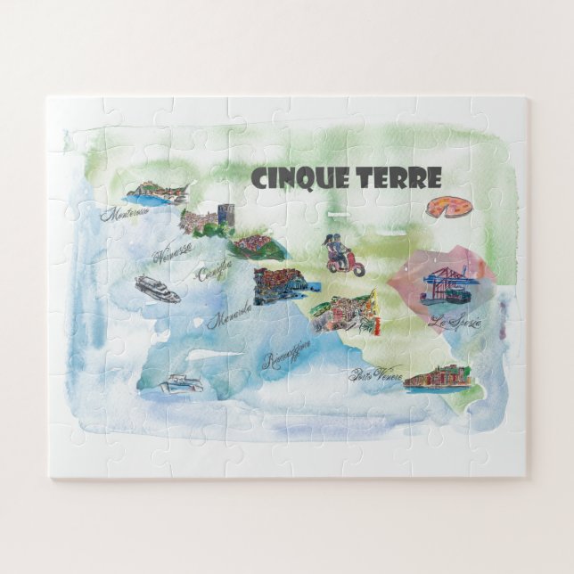 Chinque Terre Italy Vintage Travel Poster Map Jigsaw Puzzle (Horizontal)