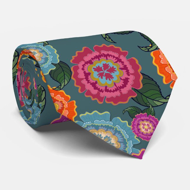 Chintz Meadow Floral Art Pattern Neck Tie (Rolled)