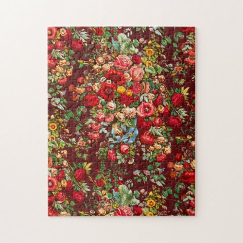 Chintz pattern red pink yellow flowers vintage jigsaw puzzle