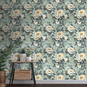 Chintz Style White Roses on Blue Floral Wallpaper