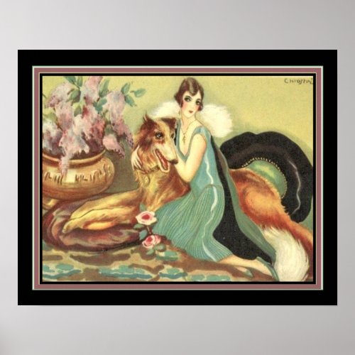 Chiostri 1920s Deco Girl  Her Dog Print 16x20
