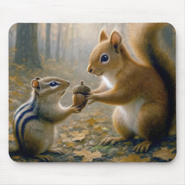 Chipmunk and Squirrel Sharing an Acorn Mouse Pad (Front)