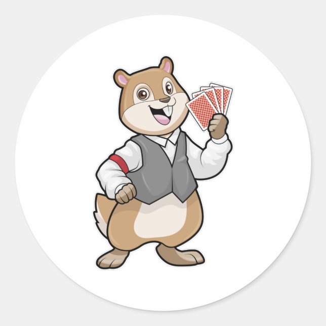 Chipmunk at Poker with Poker cards Classic Round Sticker (Front)