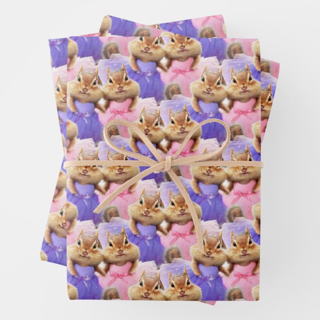 Chipmunk Ballerina Duo Wrapping Paper Sheets (In situ)