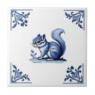 Chipmunk Delft Blue White Corners Woodland Animals Ceramic Tile