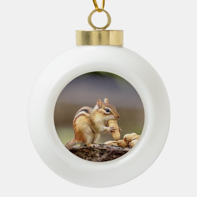 Chipmunk eating a peanut ceramic ball christmas ornament (Front)