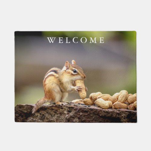 Chipmunk eating a peanut doormat