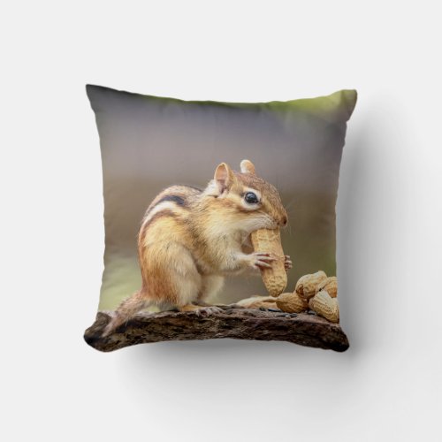 Chipmunk eating a peanut throw pillow