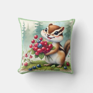 Chipmunk holding berries throw pillow
