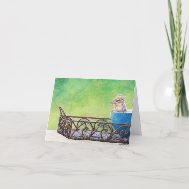 Chipmunk in Blue Bowl Animal Art Note Card (Front)