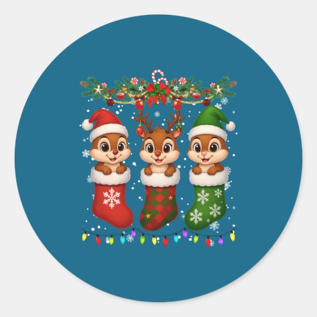 Chipmunk In Christmas Socks Lights Chipmunk Xmas L Classic Round Sticker (Front)