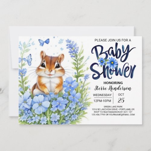 Chipmunk Meadow Magic Floral Blue Boy Baby Shower Invitation