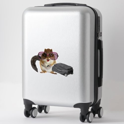 Chipmunk wearing sunglasses and holding baggage sticker
