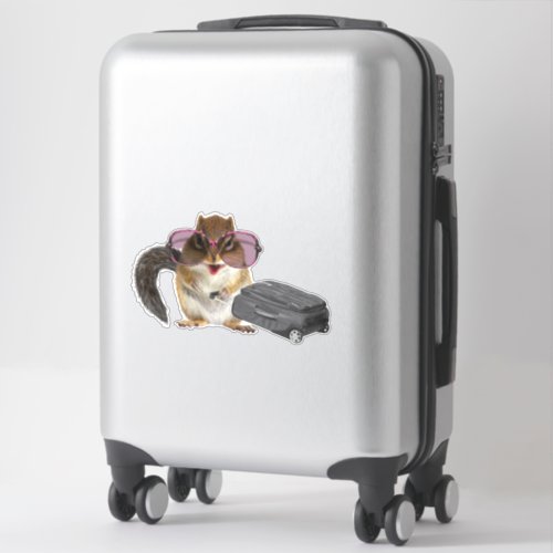 Chipmunk wearing sunglasses and holding baggage sticker