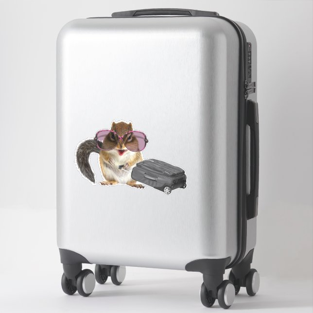 Chipmunk wearing sunglasses and holding baggage. sticker (Suitcase)
