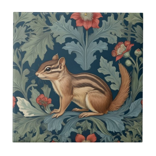 Chipmunk William Morris style Left Facing Leafy Ceramic Tile (Front)