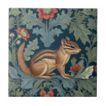 Chipmunk William Morris style Right Facing Leafy Ceramic Tile<br><div class="desc">"country classic art nouveau", "cute adorable baby chipmunk", "sage green woodland animals", "british william morris ceramic tile", "leafy woods dark navy blue", "forest tree leaf leaves antique", "vintage red wildflowers", "wildlife english garden animal", "nature floral flower botanical", "right facing traditional flowers"</div>